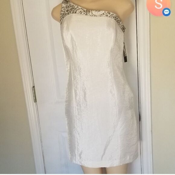 Laundry by Shelli Segal Embellished One Shoulder Satin Ivory White Dress Sz0 NWT - Picture 3 of 12